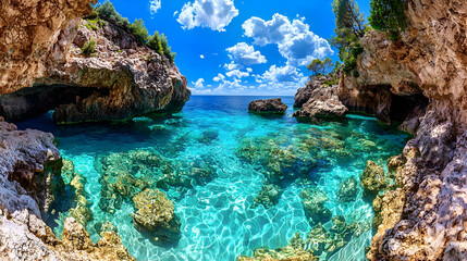 Obraz premium Secluded cove, turquoise water, rocky shores, sunny day, summer vacation