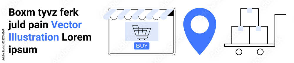 Poster shopping cart on storefront screen, map pointer, trolley with boxes representing e-commerce, deliver