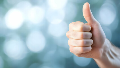 Hand gesturing thumbs up against a bokeh background, ideal for positive feedback, approval, or success concepts