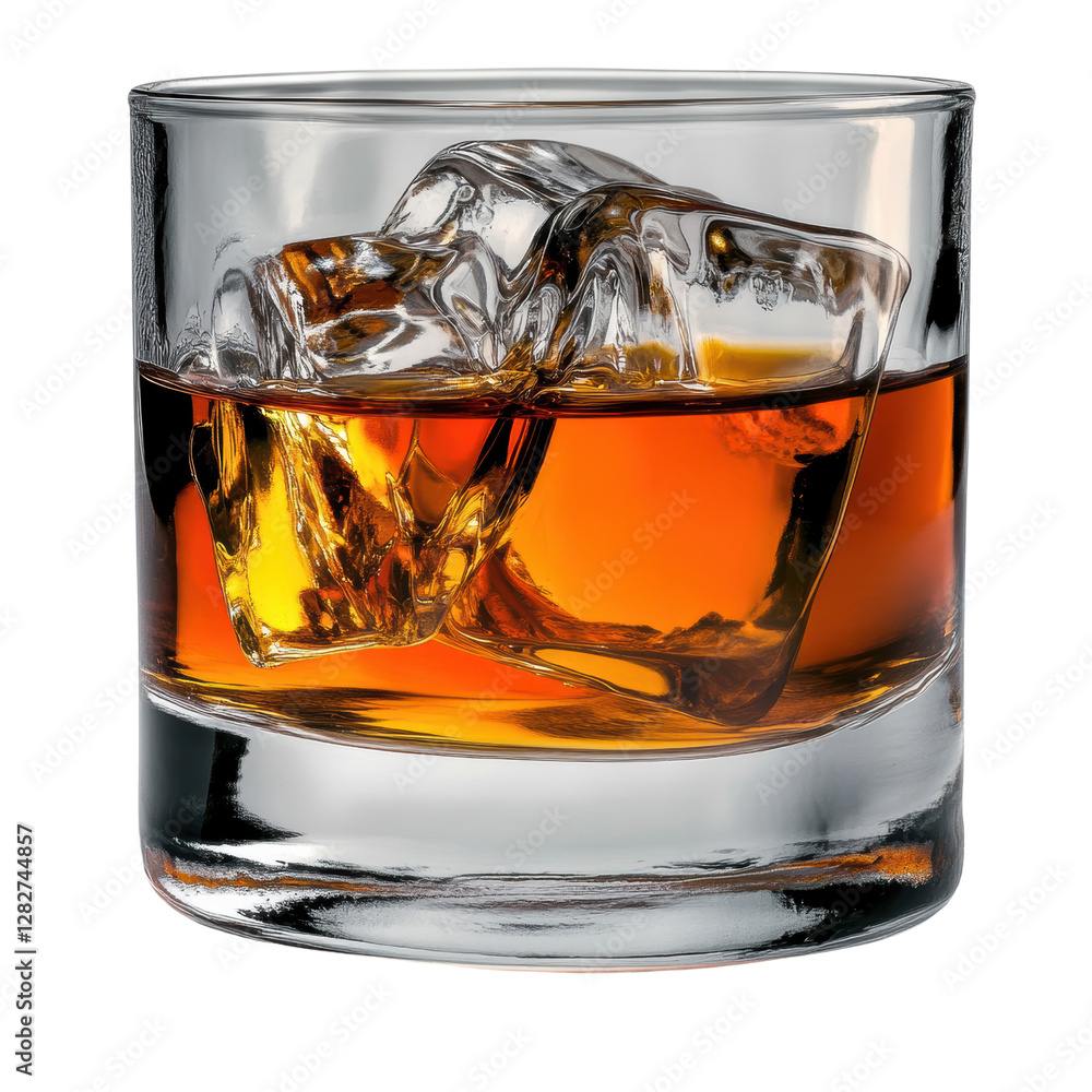 Poster glass of whiskey with ice served on the rocks in a dimly lit setting with a wooden background on whi
