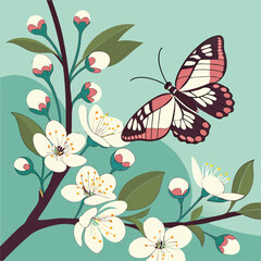 Beautiful spring nature background with butterfly, lovely blossom, petal a on turquoise blue background vector art and illustration