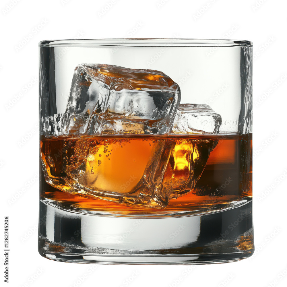 Poster glass of whiskey with ice cubes on the rocks placed on wooden table in a dimly lit bar setting on wh