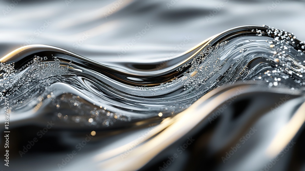 Poster metallic waves and glistening particles create an abstract design
