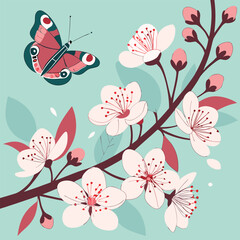 Beautiful spring nature background with butterfly, lovely blossom, petal a on turquoise blue background vector art and illustration