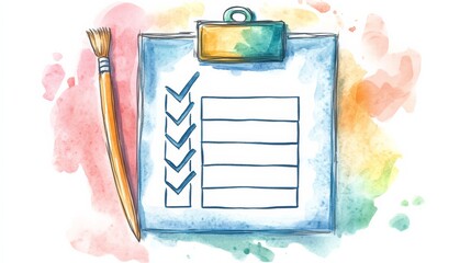checklist. A colorful watercolor illustration of a checklist on a clipboard, perfect for planners and organizational tools.