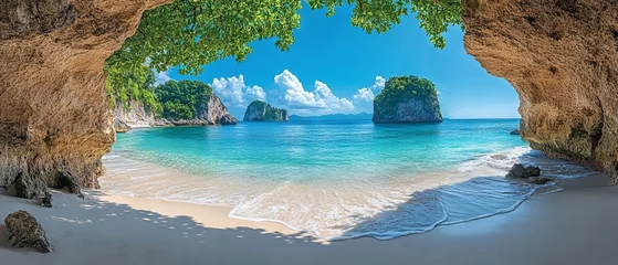 Wall murals Stunning panoramic view of cathedral cove beach on a bright summer day – untouched coastal paradise with turquoise waters, rugged cliffs, and dramatic rock formations
