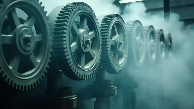 Industrial gears in a factory setting surrounded by smoke, showcasing machinery in action