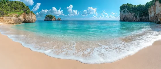 Stunning panoramic view of cathedral cove beach on a bright summer day – untouched coastal paradise with turquoise waters, rugged cliffs, and dramatic rock formations