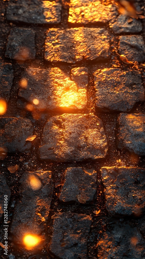 Aufkleber cobblestone street illuminated by sunlight, creating textured light-and-shadow pattern