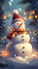 Obraz premium Cheerful snowman with lights and a cozy scarf in a winter wonderland setting.