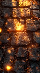 Cobblestone street illuminated by sunlight, creating textured light-and-shadow pattern