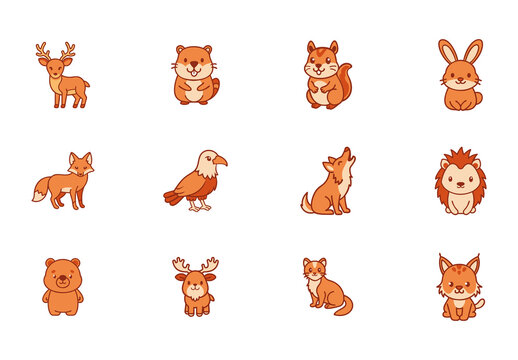 Brown Orange Wildlife Forest Cute Animals Icons Set