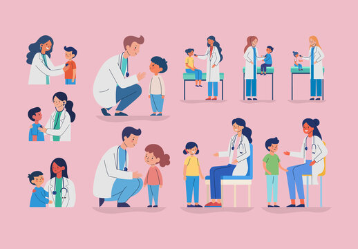 Colorful Pediatric Medical Healthcare Children Doctor Illustration Set