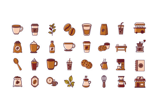 Brown White Espresso Latte Coffee Culture Icons Set