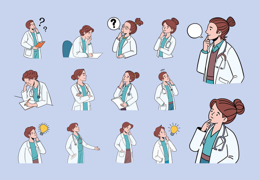 Colorful Medical Professional Thinking Illustration Set