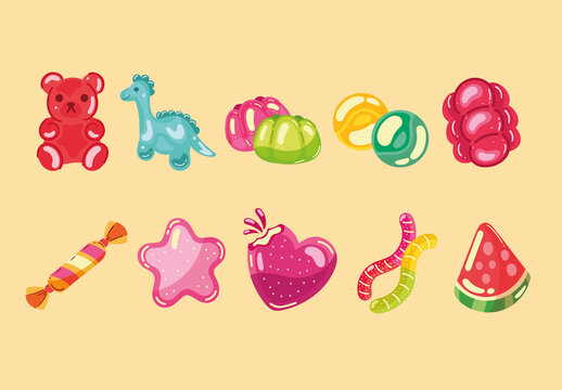 Colorful Sweet Gummy Candy Illustration Set