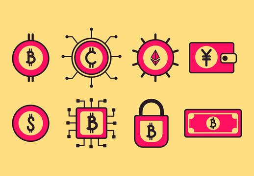 Pink and Yellow Blockchain Cryptocurrency Icons Set