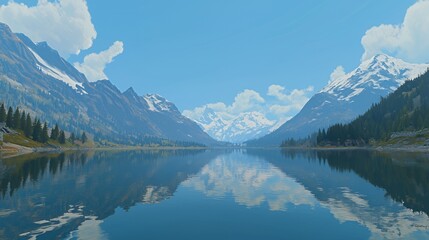 Naklejka premium Serene Mountain Lake Landscape With Clear Blue Sky And Cloud Reflections