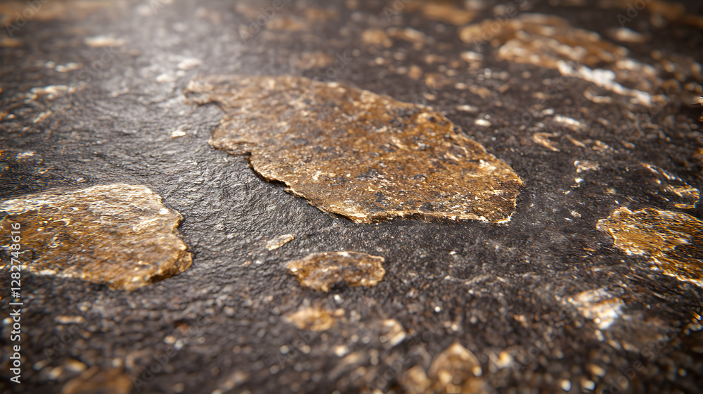 Poster close-up macro shot of a dark stone surface with patches of gold and brown, showing intricate textur