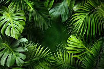 Lush green tropical foliage creates a vibrant, natural frame perfect for design projects or as a backdrop.