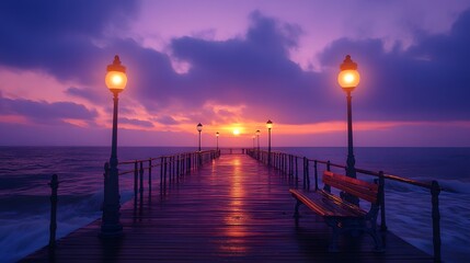 Fototapeta premium Seaside sunset scene features a wooden pier with a bench and vintage street lamp, a purple and orange sky, calm ocean waves, and dramatic dusk lighting, creating a peaceful evening atmosphere.