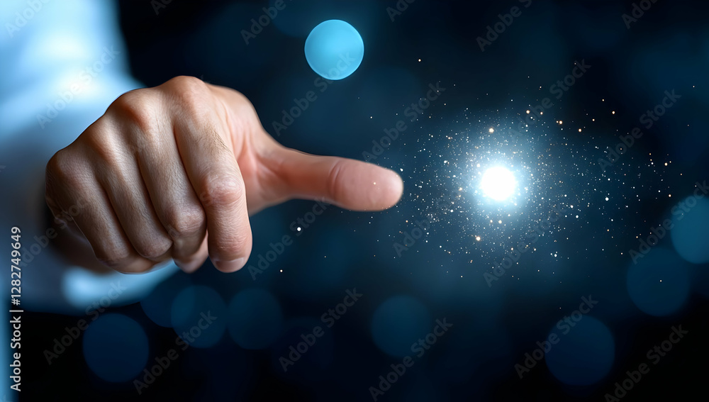 Poster hand pointing at glowing orb, futuristic technology concept; dark background with bokeh lights; for 