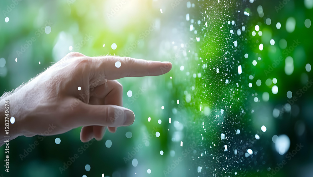Poster hand pointing at digital particles, nature background. interactive technology concept for website or