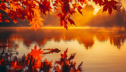Serene autumn sunrise over calm lake, vibrant maple leaves reflecting in still water. Golden hour light bathes the scene in warmth.