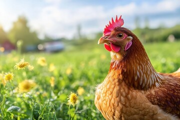 Chicken foraging among blooming flowers in a vibrant green field during a sunny afternoon. Generative AI