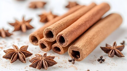 Cinnamon sticks and star anise arranged on a white table are captured in minimalist food photography, showcasing macro details and soft natural lighting with shallow depth of field.