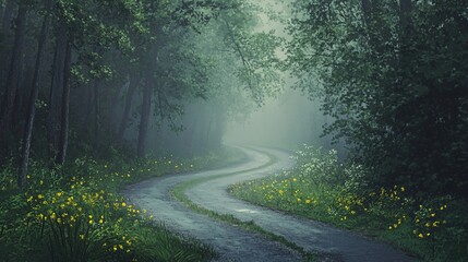 Fototapeta premium Mystical Foggy Forest Path Serene Winding Road Through Lush Greenery