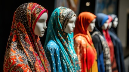 Fototapeta premium Colorful Display of Traditional Hijabs on Mannequins in Exhibit