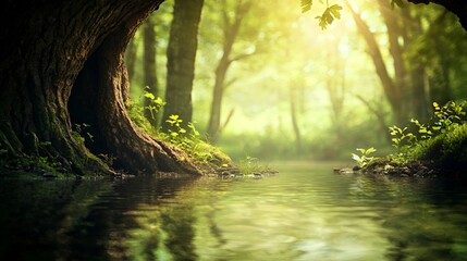 Sunlit Forest Stream: Tranquil Green Landscape