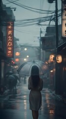 Woman with an umbrella walking in a rainy alley, creating a moody atmosphere.