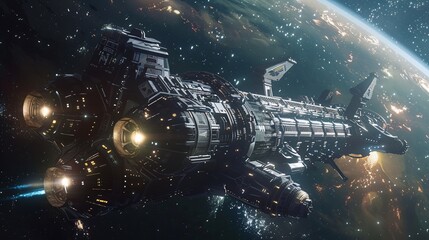 An intricately detailed spaceship in space, surrounded by volumetric light and a beautifully composed background