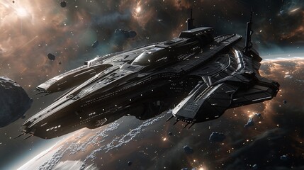 An intricately detailed spaceship in space, surrounded by volumetric light and a beautifully composed background