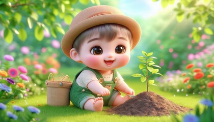 Man holding yong plant . Concept of green energy saving, renewable and recycling. Ecology behavior for global warming. 3d illustration	
