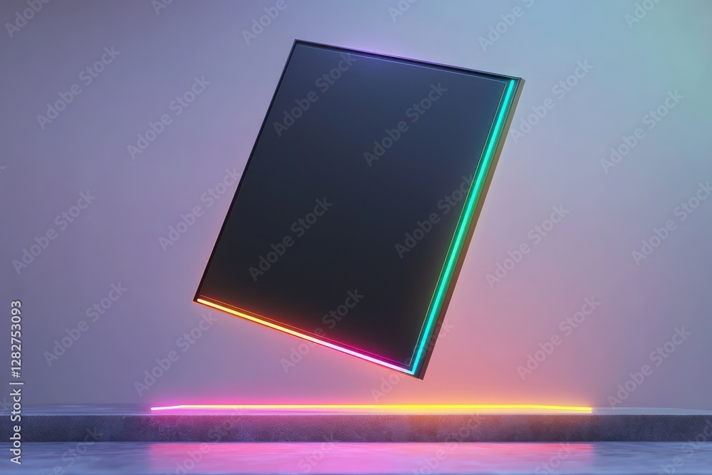 Poster ai-rendered 3d mock-up dynamically floats a matte black frame with neon accents on a muted surface.