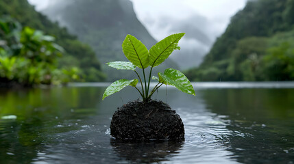 Young plant, river, mountains, rainforest, nature, growth, ecology, environmental conservation