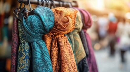 Fototapeta premium Colorful Scarves Hanging on Display in a Market Setting