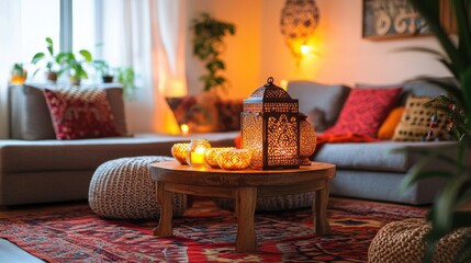 Cozy Living Room with Warm Lighting and Decorative Accessories