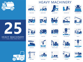 Heavy equipment dual tone color icon set, contain compactor, excavator, bulldozer, crane, loader, bulldozer, jackhammer and more. vector EPS 10. use for UI, UX, app and web constructions development.