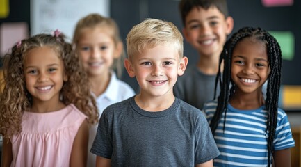 Obraz premium Smiling Diverse Children, Happy Students Showcasing Inclusivity and Teamwork in Classroom Setting