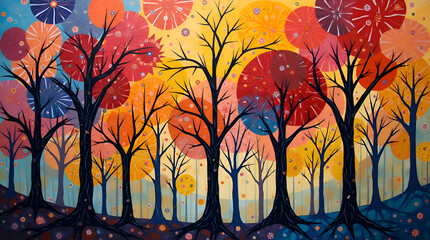 Vibrant Fantasy Forest with Colorful Autumn and Winter Trees