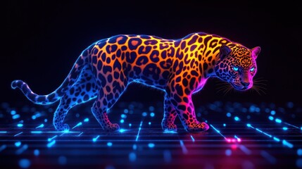 Naklejka premium Neon Jaguar Walking Digital Grid