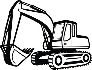 Bulldozer and Excavator vector illustration, Modern Bulldozer and Excavator silhouette and line art vector