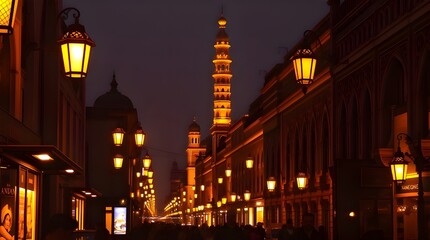 Fototapeta premium Ramadan nights beautiful streets radiant with warm golden light, luxurious atmosphere, detailed architecture, glowing lanterns, subtle shadows 