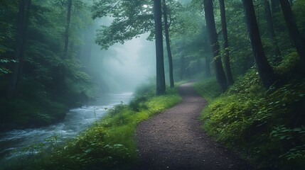 Obraz premium Tranquil forest scene features a meandering river, misty morning atmosphere, tall ancient trees, lush green foliage, soft natural lighting, and a dirt path, creating an ethereal woodland landscape
