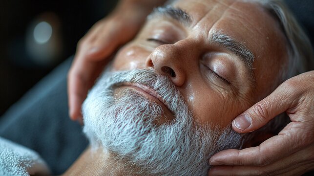 elderly man experiencing full-body massage in peaceful spa relaxing and therapeutic treatment for senior care wellness and self-care retreat in a serene and luxurious environment