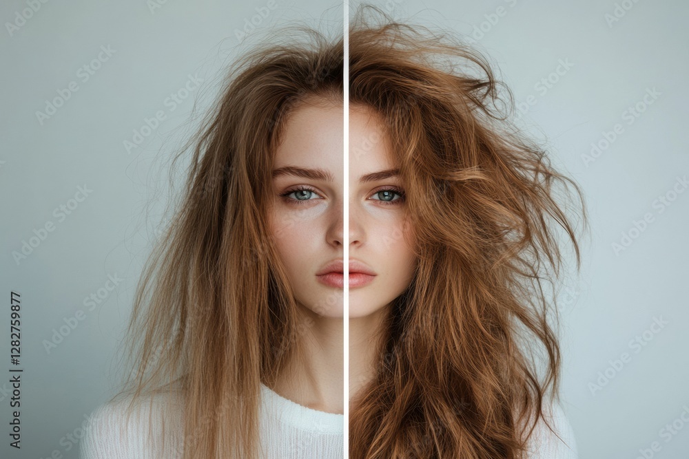 Poster Transformation of hair styling showcasing a contrast between unkempt and polished looks in a modern setting. Generative AI